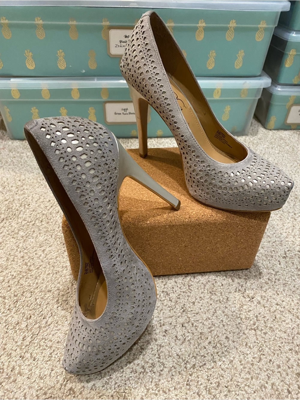 BCBG Taupe Perforated Suede Pointed-Toe Pumps, Sz. 6